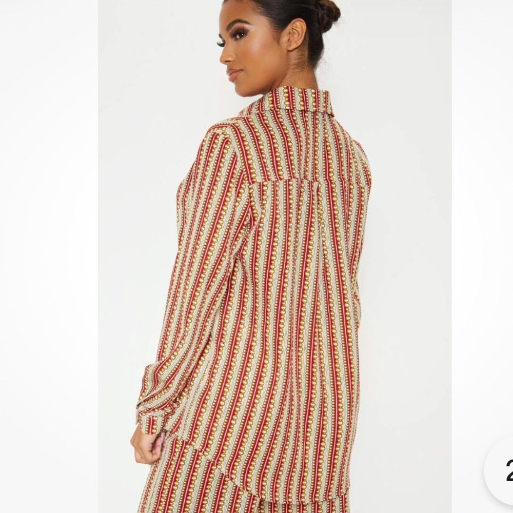 Prettylittlething Red Chain Print Oversized Button Down Blouse Shirt Sz 6 View 5
